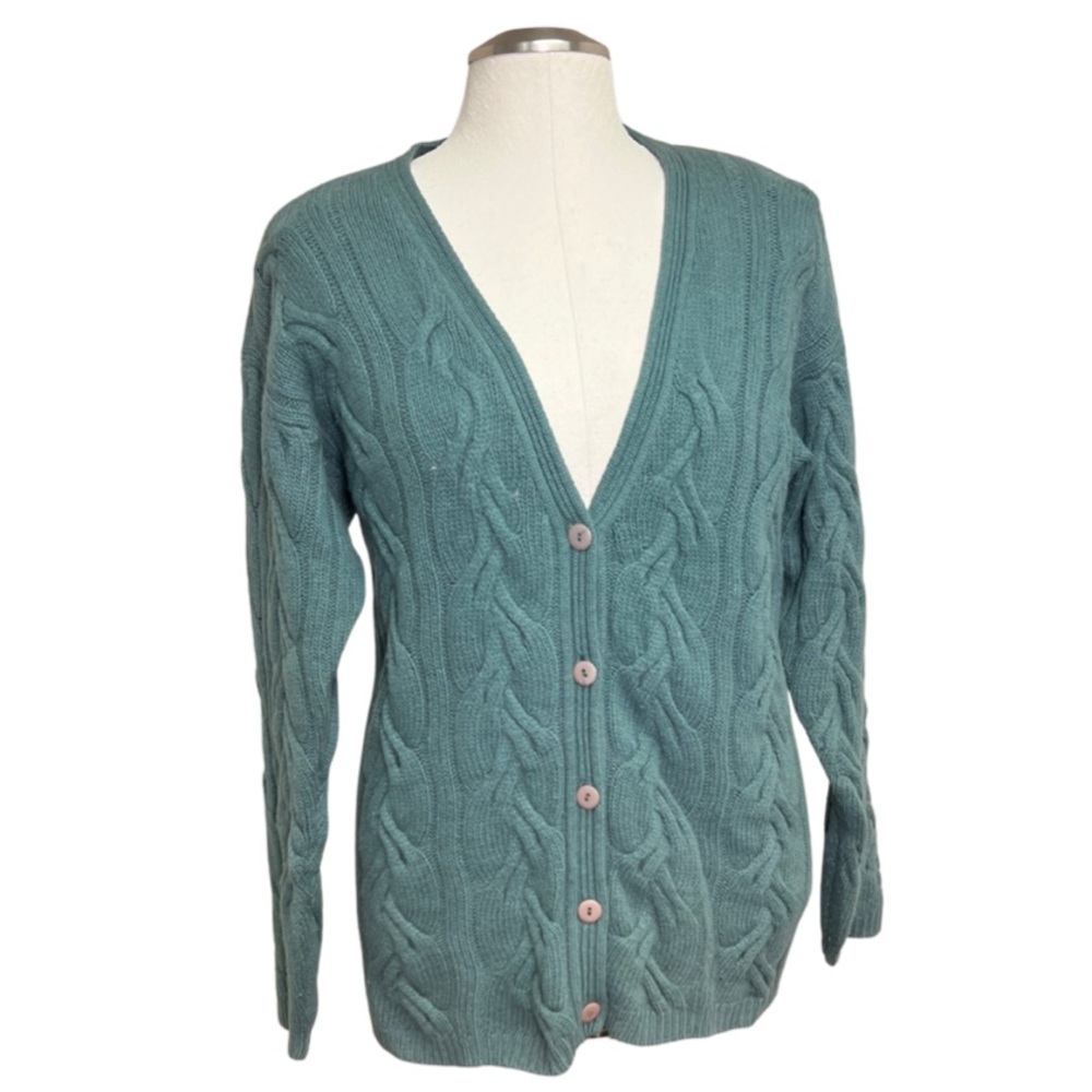 80s Vintage Paul Harris Lambs wool Angora Teal Green Cable Knit Button Cardigan